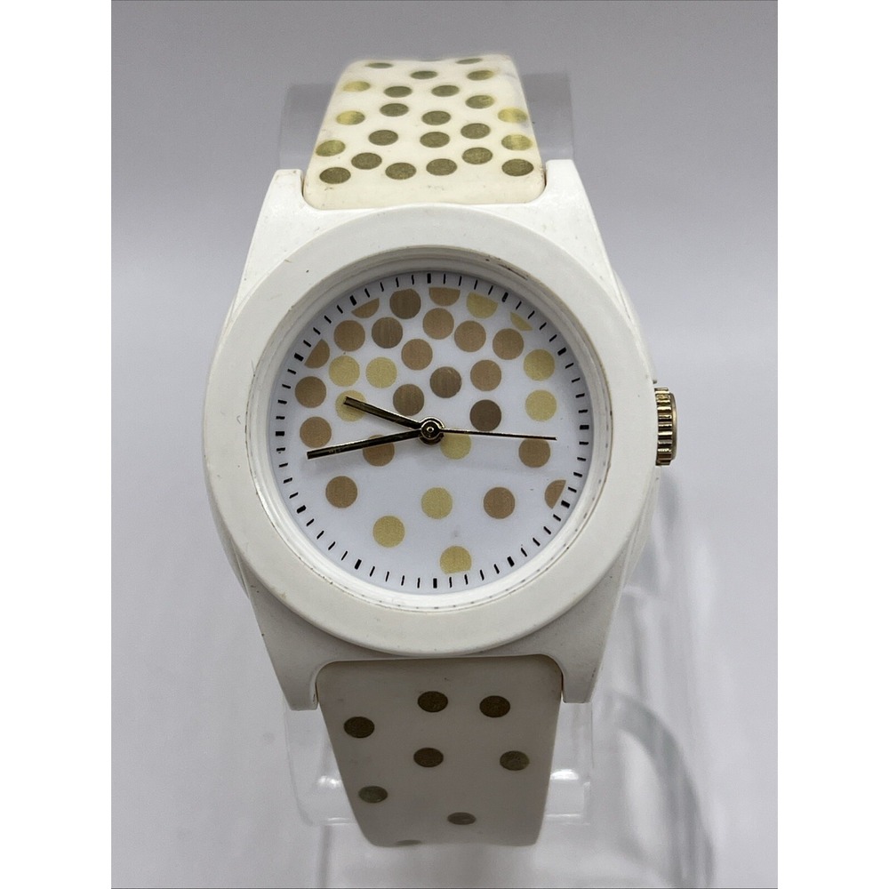 No Boundaries Women's Quartz Watch White Band Gold Polka Dots- New Battery